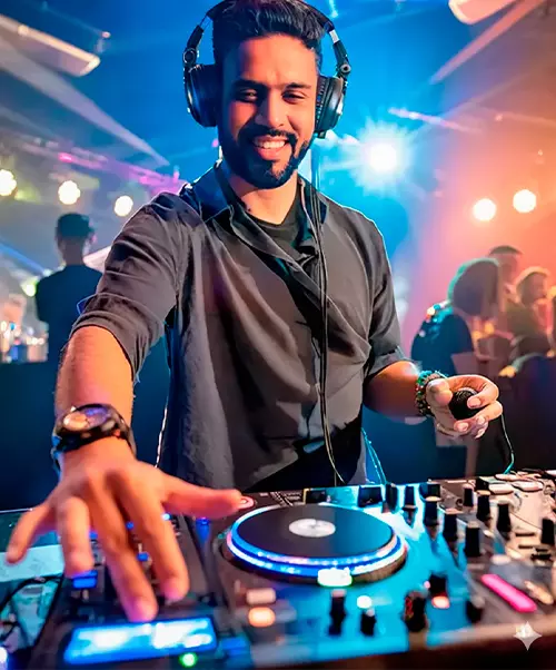 Controlador DJ en primer plano con jog wheels y mixer, en uso durante una sesión